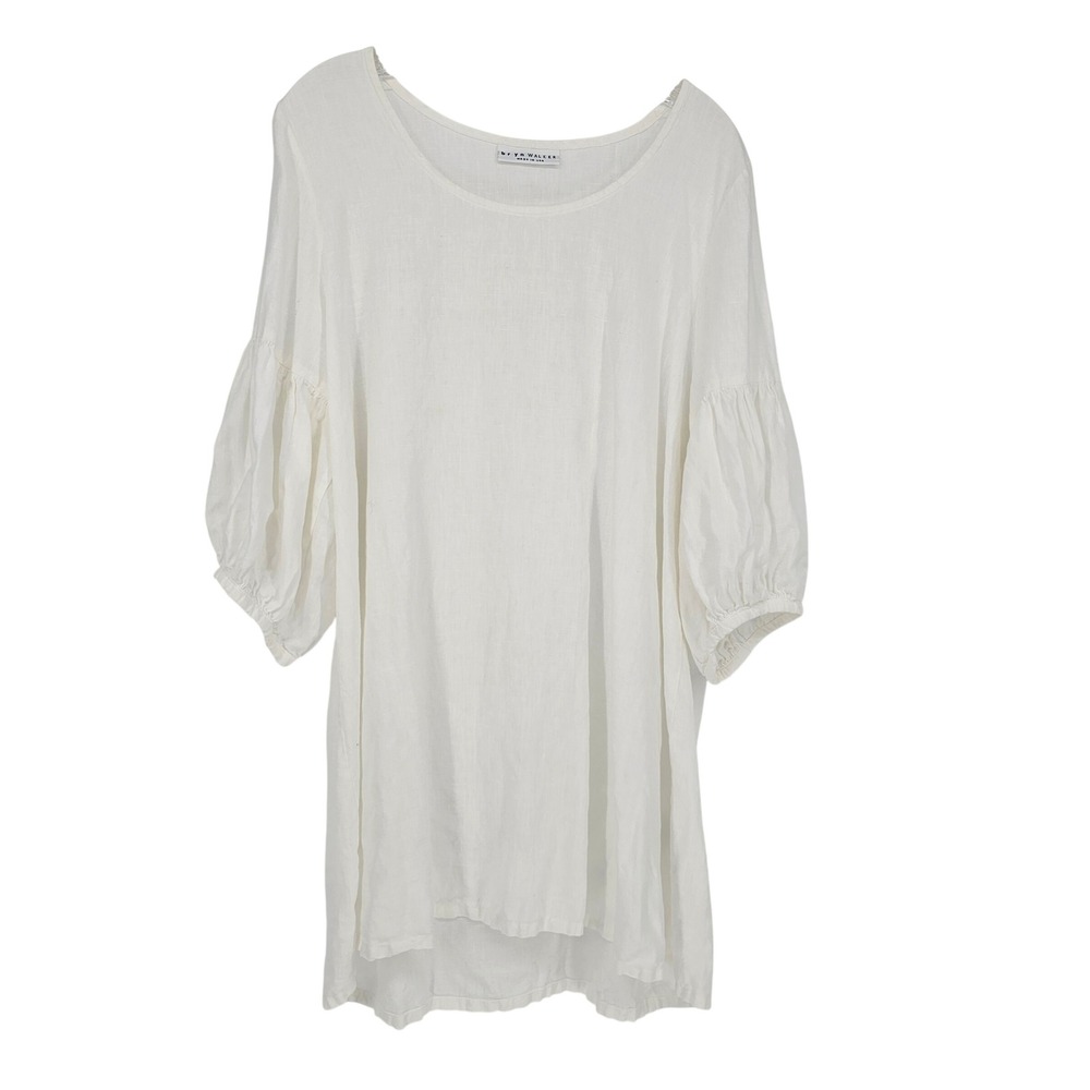 Bryn‎ Walker Linen Puff Sleeve Tunic Top L White Lagenlook Coastal Wedding USA